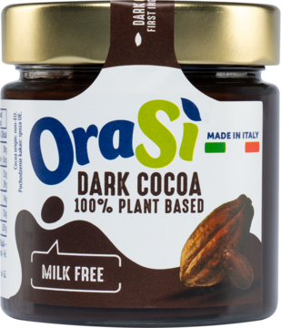 Słoik OraSi Dark Cocoa 100% Plant Based, bezmleczny krem kakaowy, biało-brązowa etykieta z kakaowcem, widok z przodu.