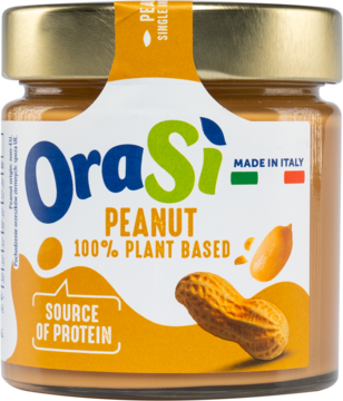 Słoik OraSi Peanut 100% Plant Based, orzechowy krem, złota zakrętka, pomarańczowo-biała etykieta, widok z przodu.
