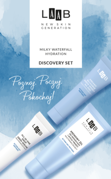 Zestaw LAAB Milky Waterfall Hydration Discovery, 3 błękitne tubki kosmetyków nawilżających na akwarelowym tle.
