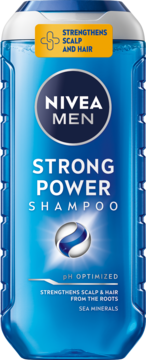 NIVEA MEN Strong Power Szampon, niebieska butelka z białym logo, wzmacnia włosy i skórę głowy. Widok z przodu.