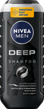 Nivea Men Deep Shampoo, czarna butelka z białym wierzchem, z logo i opisem wzmacniającym włosy i skórę głowy.