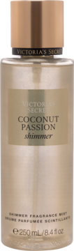 Victoria's Secret Coconut Passion Shimmer, złota mgiełka zapachowa 250ml w przezroczystej butelce, widok z przodu.