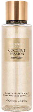 Victoria's Secret Coconut Passion Shimmer fragrance mist w przezroczystej butelce z złotym korkiem, widok z przodu.