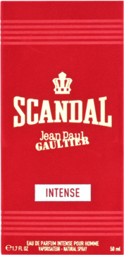 Czerwone pudełko perfum Scandal Jean Paul Gaultier Intense, z napisem i koroną w kolorze złoto-kremowym, widok z przodu.