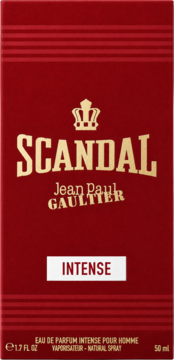 Czerwone opakowanie Jean Paul Gaultier Scandal Pour Homme Intense 50ml, woda perfumowana męska, złote logo korony.