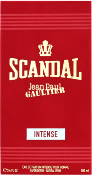 Czerwone opakowanie perfum męskich Jean Paul Gaultier Scandal Intense 100ml, ze złotym napisem i koroną, widok z przodu.