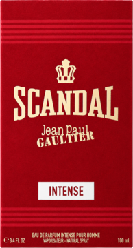 Woda perfumowana Jean Paul Gaultier Scandal Intense Pour Homme w czerwonym pudełku ze złotą koroną i napisem, widok z przodu.