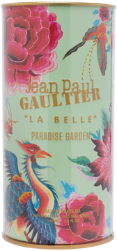 Jean Paul Gaultier La Belle Paradise Garden EDP, zielone cylindryczne opakowanie z kwiatami, feniksem, widok z przodu.