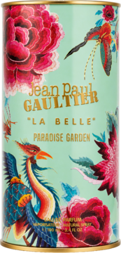 Woda perfumowana Jean Paul Gaultier La Belle Paradise Garden w miętowej tubie z egzotycznymi kwiatami i ptakami.