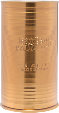 Złoty, cylindryczny flakon Jean Paul Gaultier Le Male Elixir Absolu z poziomymi prążkami, widok z przodu.