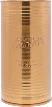 Złoty flakon Jean Paul Gaultier Le Male Elixir Absolu, z tłoczonymi poziomymi pasami i logo, widok z przodu.