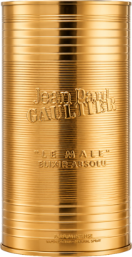 Złota butelka perfum Jean Paul Gaultier Le Male Elixir Absolu z wytłoczonym logo, widok z przodu.