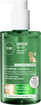 Zielony szampon-kuracja YOPE GROW my hair na wypadanie włosów, butelka z pompką, Bioferment Yerba Santa.
