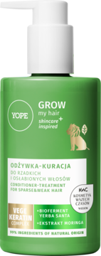 Zielona odżywka-kuracja YOPE GROW my hair do włosów rzadkich, z wege keratyną, w butelce z pompką, widok z przodu.