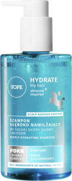 Yope HYDRATE Szampon głęboko nawilżający z kwasem hialuronowym w niebieskiej butelce z białą pompką, widok z przodu.