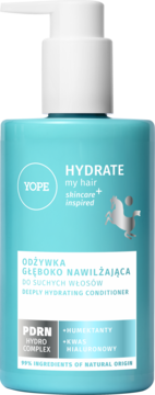 Yope Hydrate my hair deeply hydrating conditioner w turkusowej butelce z białą pompką, widok z przodu.