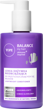 Yope Balance lekka odżywka do włosów przetłuszczających się z kwasem glikolowym w fioletowej butelce z białą pompką.