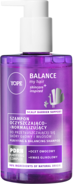Fioletowy szampon YOPE Balance Purifying & Balancing z białą pompką, na przetłuszczającą się skórę głowy, widok z przodu.