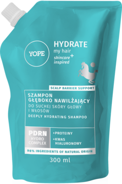 Teal YOPE HYDRATE głęboko nawilżający szampon w elastycznej torebce 300ml, widok z przodu, białe napisy.