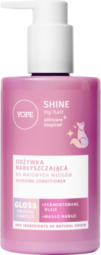 YOPE SHINE my hair nabłyszczająca odżywka do włosów w różowej butelce z białą pompką, widok z przodu.