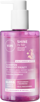 Różowy szampon YOPE SHINE my hair w butelce z białą pompką, widok z przodu. Opis: nabłyszczający do wrażliwej skóry.