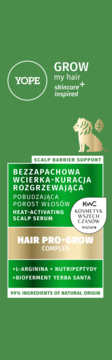 YOPE GROW Wcierka Rozgrzewająca na porost włosów z Nutripeptydami, zielono-złote opakowanie, widok z przodu.