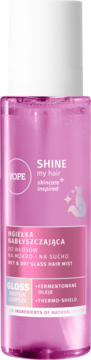 Różowa mgiełka nabłyszczająca YOPE Shine my hair Gloss z fermentowanymi olejami, butelka, widok z przodu.