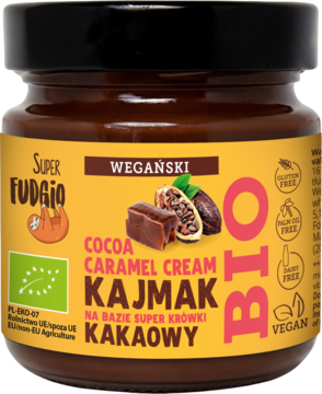 Słoik wegańskiego kajmaku kakaowego Super Fudgio BIO, kremu karmelowo-kakaowego, żółta etykieta, widok z przodu.
