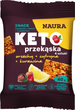 Naura Keto przekąska 40g, orzechy cytryna żurawina, ciemnofioletowe opakowanie z grafiką owoców i orzechów. Widok z przodu.