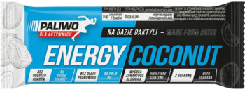 PALIWO ENERGY COCONUT baton na bazie daktyli, bez oleju palmowego, niebiesko-czarne opakowanie, widok z przodu.