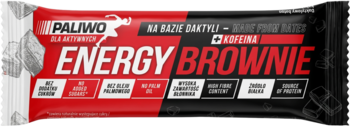 Paliwo Energy Brownie, baton energetyczny na bazie daktyli z kofeiną i białkiem. Czerwono-czarne opakowanie.