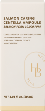 Beżowe opakowanie serum do twarzy Salmon Caring Centella Ampoule PDRN 10,000 PPM, z opisem składu i objętością 30 ml.