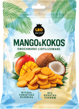 LEO Mango & Kokos liofilizowane owoce, paczka z grafiką mango, kokosa i palm na tle, z przodu, bez cukru.
