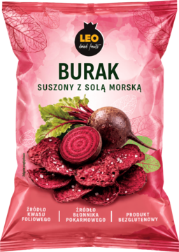 Różowe opakowanie Leo Burak Suszony z Solą Morską, z obrazkiem buraków i chipsów, widok z przodu.