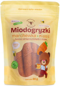 Żółta torebka Miodogryzki Marchewka, owocowo-warzywne rolki do żucia dla dzieci, z miodem, 60g.