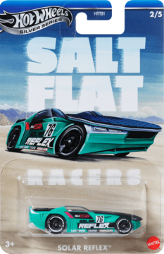 Hot Wheels Solar Reflex, turkusowa wyścigówka z numerem 76 w blistrze. Seria Silver Racers, widok z przodu.