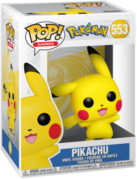 Funko Pop 553 Pikachu: żółta figurka winylowa w pudełku z numerem 553 i logo Pokémon. Widok z przodu.