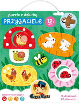 CzuCzu Puzzle z dziurką Przyjaciele, 11 kolorowych układanek ze zwierzętami: ślimak, królik, biedronka, widok opakowania.