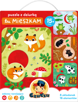 CzuCzu puzzle z dziurką "tu MIESZKAM" dla 15m+, czerwone pudełko z ilustracjami lisa, żaby, krowy.