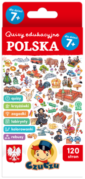 Czerwona książka Czuczu „Quizy edukacyjne Polska” dla dzieci 7+ z ilustracjami symboli Polski.