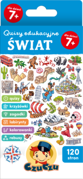 Książeczka Czuczu Quizy edukacyjne ŚWIAT dla dzieci 7+, niebieska okładka z kolorowymi ilustracjami ikon świata. 120 stron.