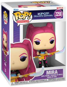 Funko Pop Mira K-Pop Demon Hunters figurka #2258 w pudełku, różowe włosy, dzierżąca broń z ostrzami sierpa.