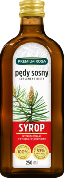 Brązowa butelka syropu Premium Rosa Pędy Sosny, suplement diety, z etykietą i gałązką sosny, widok przód.