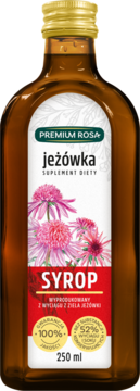 Syrop Premium Rosa jeżówka 250ml, brązowa butelka, etykieta z różowymi kwiatami, wspomaga odporność.