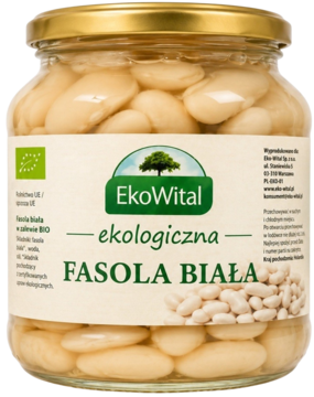 EkoWital ekologiczna fasola biała w słoiku, z zielonym logo drzewa, na białym tle, widok z przodu.