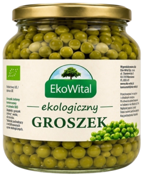 Słoik EkoWital Ekologiczny Groszek, zielone kulki warzyw widoczne przez szkło, złota pokrywka i biała etykieta.