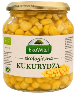 Szklany słoik ekologicznej kukurydzy EkoWital, złociste ziarna w zalewie, widoczny front etykiety na białym tle.