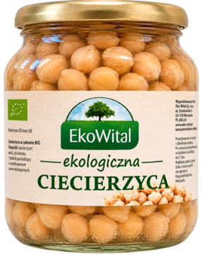 Słoik EkoWital ekologicznej ciecierzycy. Jasnobeżowe ziarna w płynie, zielona etykieta z drzewem, widok z przodu.