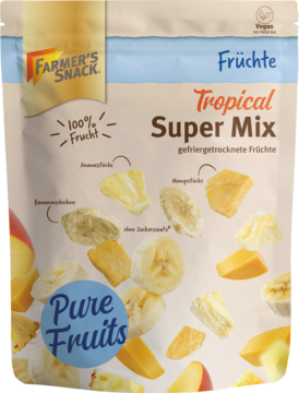 Farmer's Snack Tropical Super Mix, liofilizowane owoce: ananas, mango, banan. Front opakowania z rozsypanymi owocami.