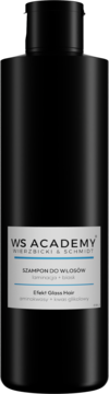 Czarna butelka szamponu laminującego WS ACADEMY z białkami i efektem Glass Hair, widok z przodu.